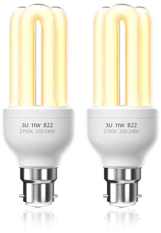 Bonlux B22 Energy Saving Bulb 11W Warm White 2700K, B22d/B22/BC Bayonet Cap, 3U CFL Low Energy Light Bulbs Bayonet, 3U BC Compact Fluorescent Stick Bulbs, AC 220V, Not Dimmable, 2-Pack