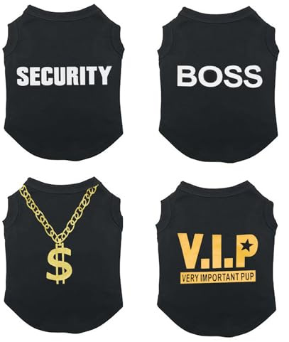 Izefia 4 Pièces Chien Chemises Vêtements 4pcs Security Respirante VIP Patron Collier D’Or Cool Été Débardeur Gilet T Shirt pour Petit Chiot Chat Moyen