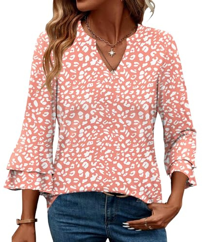 IEEILULU Chemisier Femme Chic et Élégant Manches 3/4 Col V Blouse Casual Couleur S-XL Rose M