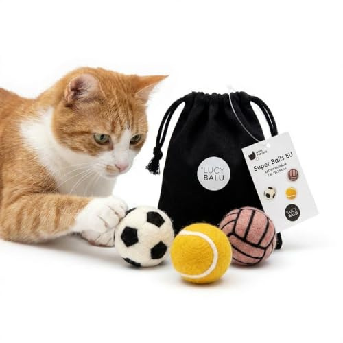 LucyBalu® Filzbälle Katzenspielzeug Schafwolle European Sports | Sportball-Set mit europäischen Sportmotiven aus Filz, handgefilzt, umweltfreundlich
