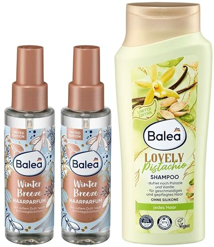 Balea Haarparfüm Winter Breeze, 2 x 100ml + Shampoo Lovely Pistachio, 300ml | Blumig-frischer Haarduft nach Schneeglöckchen & natürlicher Glanz + geschmeidiges Haargefühl mit Vitamin B3 & Provitamin B5