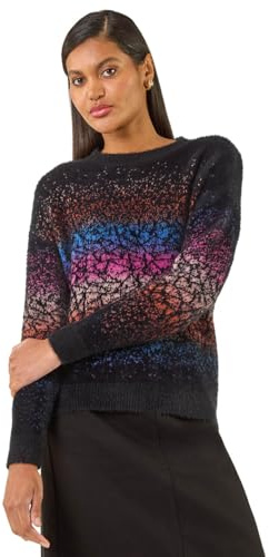 Roman Fluffy Yarn Jumper for Women UK Ladies Thick Sweater Warm Cosy Chunky Knitted Pullover Winter Furry Casual Smart Textured Everyday Cuddly Soft Knitwear - Black Multi - Size 10