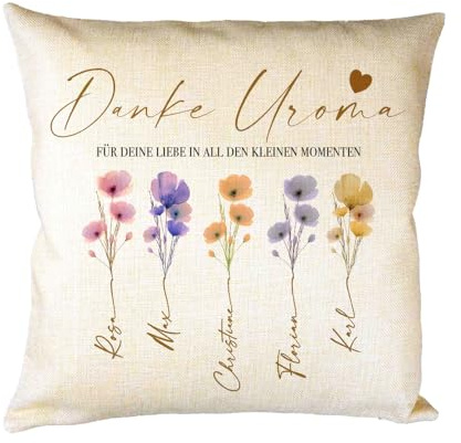 Manufaktur Liebevoll Personalisiertes Kissen mit Namen Dankeschön Uroma Geschenk für Großmutter – Familienkissen mit Aquarellblumen, Geschenk Familie (Danke Uroma)