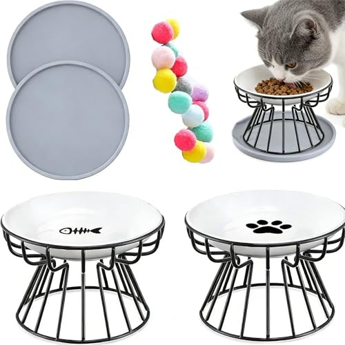 QualfsTerric 2 Pieces Elevated Cat Bowls Stand Tilted Pet Raised Ceramic Bowls with Non-Slip Mat and Cat Toy Ball for Cats and Puppy Dogs (Black)