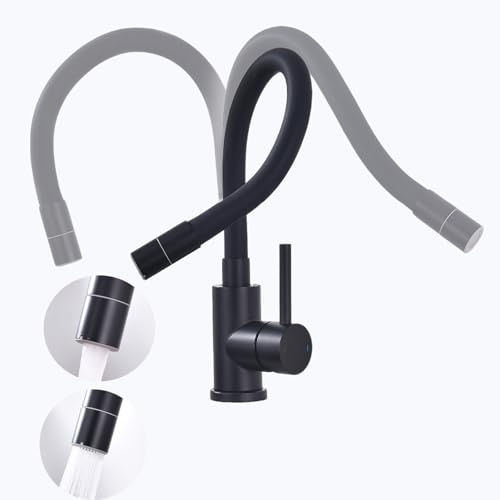 Fandipitous Grifo de Cocina Flexible Negro, Grifo Cocina con 2 Tipos de Chorro, Grifos Cocina Fregadero de Acero Inoxidable, Mezclador de Cocina de Alta Presión, Giratorio 360°