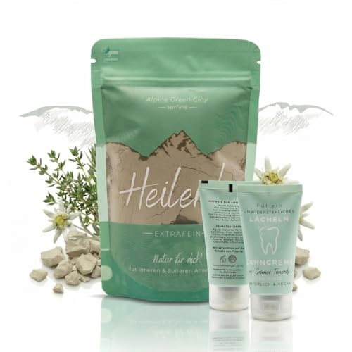 Alpine Green Clay Naturpflege-Set mit grüner Tonerde und Zahncreme – Heilerde 200g & fluoridfreie Zahncreme 50ml – Mineralerde aus den Alpen für Maske, Körperpflege & natürliche Zahnpflege