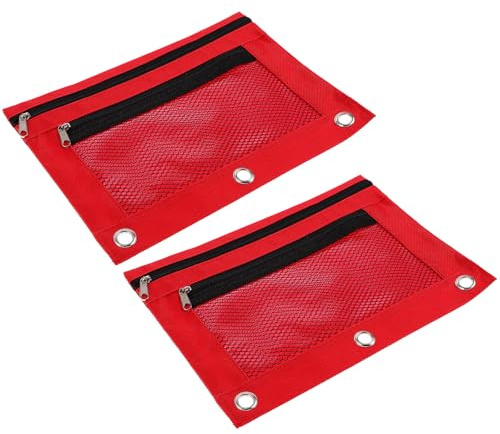 ibasenice 2pcs Red Oxford Cloth 3-Rings Pencil Cases Lightweight Large Capacity Portable Pen Pouch for School and Office Supplies