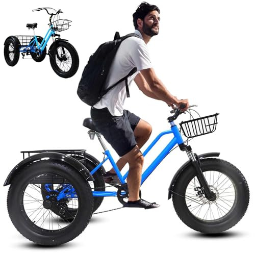 Dreirad-Lastenrad für Erwachsene, Fatbike-Reifen, 20 Zoll, 7 Gänge, Rahmen aus Kohlenstoffstahl mit Korb, für Damen und Herren, ideal für tägliche Bewegung, Radfahren, Einkaufen und Warentransport