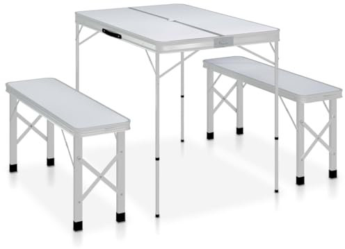 vidaXL Campingtisch Klappbar mit 2 Sitzbänken Gartenbank Bank Sitzgruppe Koffertisch Gartentisch Klapptisch Picknicktisch Aluminium Weiß