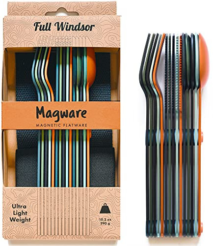 MAGWARE Magnetic Camping Utensils - Portable Cutlery Set with Case | Pocket-Sized Camping Cutlery Set | Reusable Travel Cutlery Set for Camping, Picnic, Office | Fork Knife Spoon in One (Full Set)
