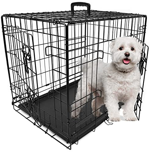 DogCrates+ Small Foldable Dog Crate with 2 Doors, Non-Chew Plastic Removable Tray, 24-Inch Black
