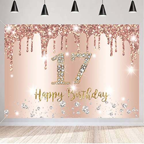 17. Geburtstag Mädchen Deko - Banner Roségold, Stoff Schild Plakat, Hintergrund Banner für Geburtstagsfeier