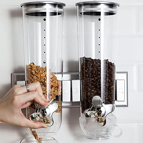 Futchoy Dispensador doble de 3 litros, montaje en pared, dispensador de cereales, para dulces de cereales, 29 x 15 x 30 cm (plata)