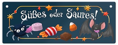 Süßes oder Saures Halloween Metallschild mit Spinne und Fledermaus ein niedliches Blechschild als lustige Dekoration zu Halloween für die Eingangstür