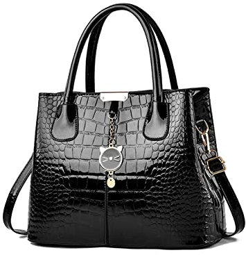NICOLE & DORIS Handtaschen Damen Elegant Lackleder Handtasche Krokoprägung Henkeltasche Arbeits Taschen Damen Shopper Umhängetaschen Tote Bag mit Anhänger Schwarz