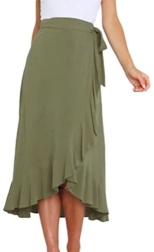 seiveini Damen Rock Sommer A-Linie Elegant Boho Rock mit Rüschen Irregulär Saum Tiered Flowy Midi Rock Hohe Taille Strandrock in Chiffon mit Riemen Partyrock F Armeegrün S