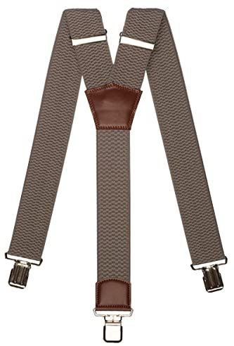 Olata Extra Breite Herren Hosenträger Y-Form mit Braun Leder – 5 cm. Grau