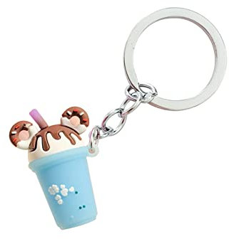 Porte-clés Kawaii créatif en forme de beignet de thé au lait, pour petite amie, petit ami, elle, lui, bleu, M