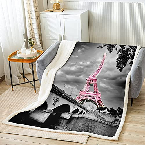 Loussiesd Eiffelturm Decke Mädchen Chic Rosa Paris Thema Wohndecke 150x200cm Kinder Teens Moderne Paris Stadtbild Moderne Französische Kuscheldecke Bett Sofa Dekor Flanell Fleecedecke