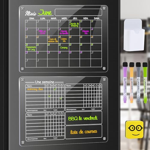BASVII Calendrier Magnetique Frigo Transparent, 2 Pack Planning Mensuel Familial Acrylique, 40x30cm Planificateur de Repas Hebdomadaire avec 4 Marqueurs 1 Gomme 1 Porte-Stylo (Version Française)