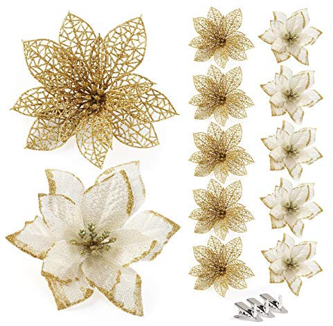 Fiori per Albero di Natale, 24 pcs Fiori Artificiali Natalizi in Colore Oro Glitter di 15CM, Addobbi Albero di Natale Artificiali Poinsettia