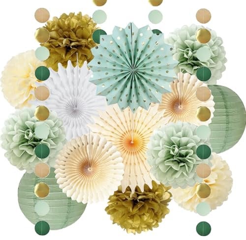 Salbeigrün Party Dekorationen Salbeigrün Creme Gold Seidenpapier Pom Poms Papierfächer Olive Salbei Gold Kreis Punkte Girlande für Salbei Geburtstag Babyparty Verlobung Brautdusche Hochzeit Party