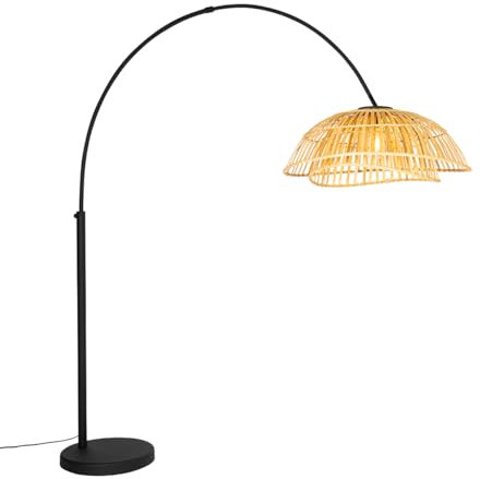 Qazqa - Orientalisch Orientalische Bogenlampe schwarz mit natürlichem Bambus - Pua I Wohnzimmer I Schlafzimmer - Bamboo Länglich - LED geeignet E27