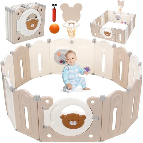 Laufgitter Baby Faltbar, Laufstall Baby Faltbar 143x143x64 cm, Zaun für Kinder Verstellbare Form, Baby Playpen mit Basketballkorb & Basketball & Spielzeugboard, Starke Saugnäpfe, Ungiftigem Material