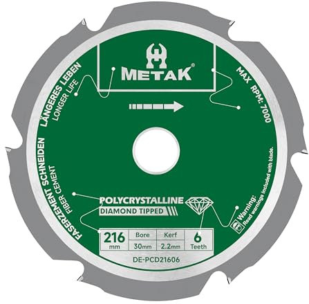 METAK Expert Sägeblatt Faserzement 216x30 mm mit 6 Hochleistungs Diamantzähnen(PCD) - Spezialist für Fiber Cement, Faserzementplatten & Eternit, Passend für gängige Sägen