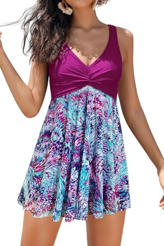 SHEKINI Women's Swimdress One Piece V Neck Swimming Costume Splice Printed Mesh Soft Cup Padded Elegant Bathing Suit Tummy Control with Boyshort, Fuchsia, Medium
