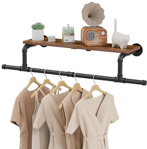 YheenLf Industrial Tringle Vetement Murale Avec Etagere, Porte Manteau, Portants en fer, éConomisez De L'Espace Affichage Suspension Cintre, 95×26×15cm, Noir