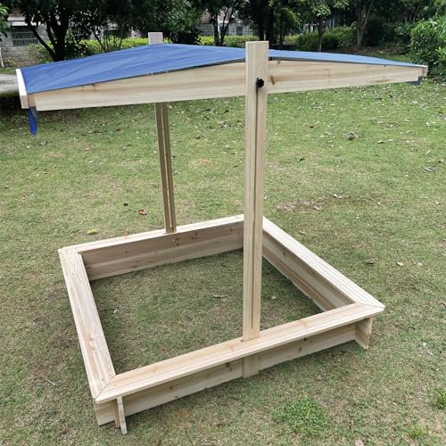 NYVI Sandkasten mit Dach - Großer Outdoor-Spielkasten für Kinder, Naturholz - Verstellbarer Sonnenschutz, Wetterfest + Einfache Montage, Sicherer Spielspaß