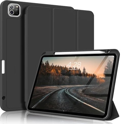 ZKTUYU for iPad Pro 11 Inch Case 4th/3rd/2nd Generation (2022/2021/2020) with Pencil Holder, Slim Trifold Smart Cover with Soft TPU Back, Support 2nd Gen Pencil Charging, Auto Sleep/Wake, Black