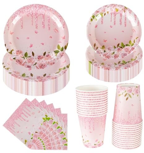 CEILIWEN Service de table de fête 100 pièces avec assiettes, gobelets et serviettes en carton rose pastel, pour 25 invités