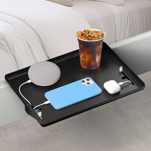 SHYICHENG Clip-On Bedside Shelf for Bunk Beds, Black Space-Saving Nightstand Tray with Cable Holes, Bed Storage Organiser for Dorm, Kids Bed, Bed Frame