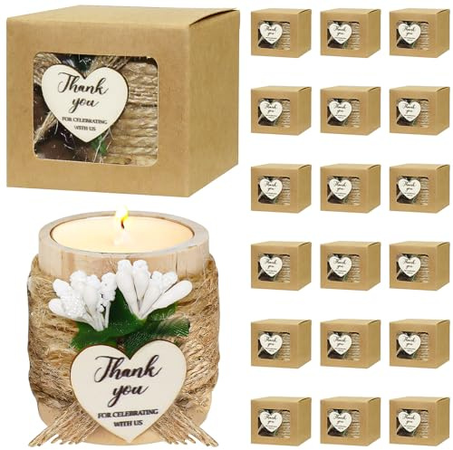 16 Sets Tea Light Candle Favors for Baptism Gift, Wooden Candle Holders | Thank You Tealight Guest Gift Bulk for Table Centerpiece Decoration with Card Box for Wedding Party Church Gender Reveal