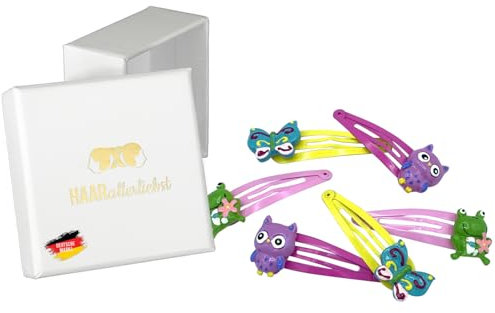 Haarallerliebst Haarspangen Set für Kinder – 6 Stück Schmetterling, Frosch und Eule inkl. Aufbewahrungsbox weiss – Ideal für dünnes bis dickes Haar