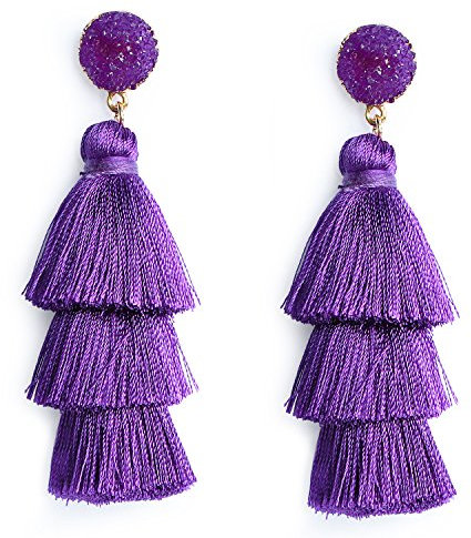 Colorato Layered nappa orecchini boho con pendenti a goccia nappe Druzy orecchini per donne, 23 colori e base metal, colore: Purple, cod. EE04T19