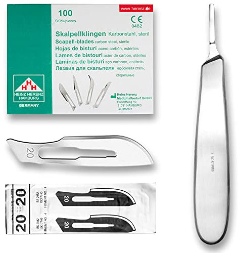 Lot de 100 lames de scalpel Figure 20 en acier au carbone - Lames de rechange emballées individuellement stériles + 1 support de scalpel May 14 cm - Acier inoxydable