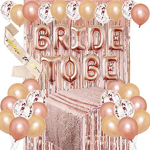 JOTOM JGA Deko Luftballons Set Braut to Be Deko mit Banner Folienballons Schärpe Rosegold Luftballons Rosa Pailletten Tischdecke Party Junggesellenabschied Deko