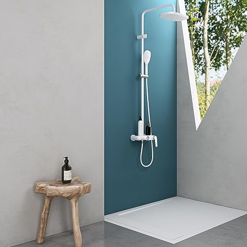 Mai & Mai Duschsystem4 Weiß matt mit Hand- und Kopfbrause Regendusche Duscharmatur mit Wandhalterungs-Set