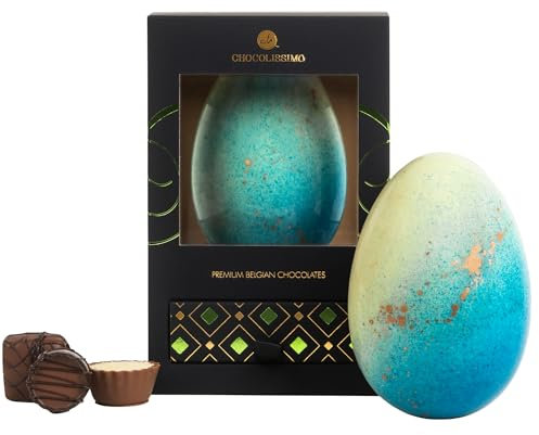CHOCOLISSIMO - Handgefertigtes Osterei aus weißer belgischer Schokolade | Verziert mit himmelblau-goldenem Motiv & 4 alkoholfreien Luxus-Pralinen, Geschenkidee, Premium Osterschokolade, Ostergeschenk