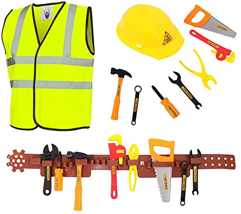 Children's Builder Construction Worker Fancy Dress Costume For Boys and Girls - 10 Piece Tool Kit & High Vis Jacket Dress Up (10-12 Years)