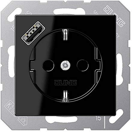 Jung A1520-18ASW SCHUKO-Steckdose mit USB Typ A (max. 3A) Quick Charge mit erhöhtem Berührungsschutz (Thermoplast bruchsicher) Schwarz Serie A