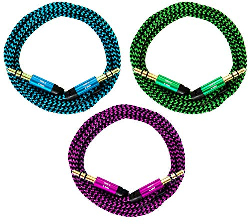 i! - 3 x 3 m premium nylon AUX audio cable jack 3.5 to jack 3.5 - blue + green + pink
