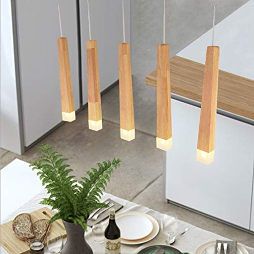 Minimalistisch Pendelleuchte Holz LED Esszimmer Modern Esstisch Lampe, Kreativ Decke Kronleuchter Hängelampe Weiß Acryl Schirm, Arbeitszimmer Büro Deckenbeleuchtung 5-flammig, Höhenverstellbar, D70cm