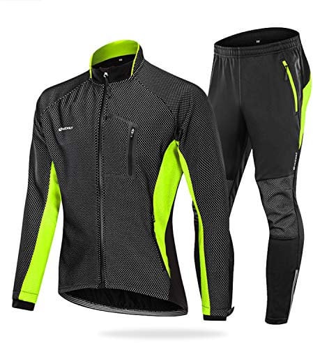 NUCKILY Herren Fahrradbekleidung Set Winddicht Thermo Fleece Winterjacke MTB Bekleidung Rennrad Fahrrad Trikot Langarm und Fahrradhose mit 3D Sitzpolster (ME020 Grün, M)