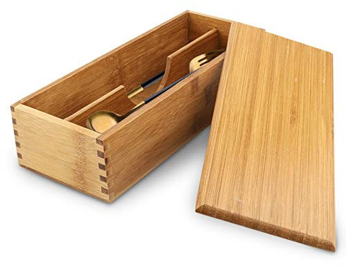 Wooden Cutlery Box with Lid, Silverware Utensil Holder Japanese Spoon Chopsticks Storage Box Silverware Container Cutlery Storage Drawer for Kitchen Countertop 27 X 11 X 6.6cm