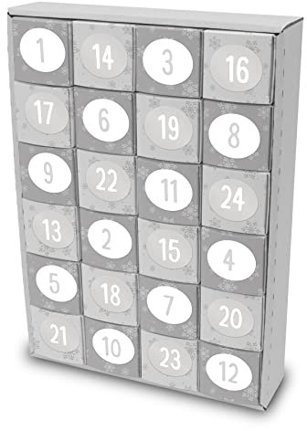 itenga Adventskalender zum Füllen aus Karton 41,5x28cm 24 Schachteln zum Befüllen Würfel Form 6,5x6,5cm grau weiß mit Zahlenstickern