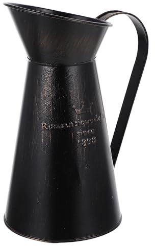 Angoily Shabby Chic Metal Vase Iron Garden Flower Bucket Farmhouse Pitcher Vases Galvanized Country Pitcher Planter Table Centerpiece Wedding Party Festival Ornament ( Black ) Shabby Chic Jug Vase